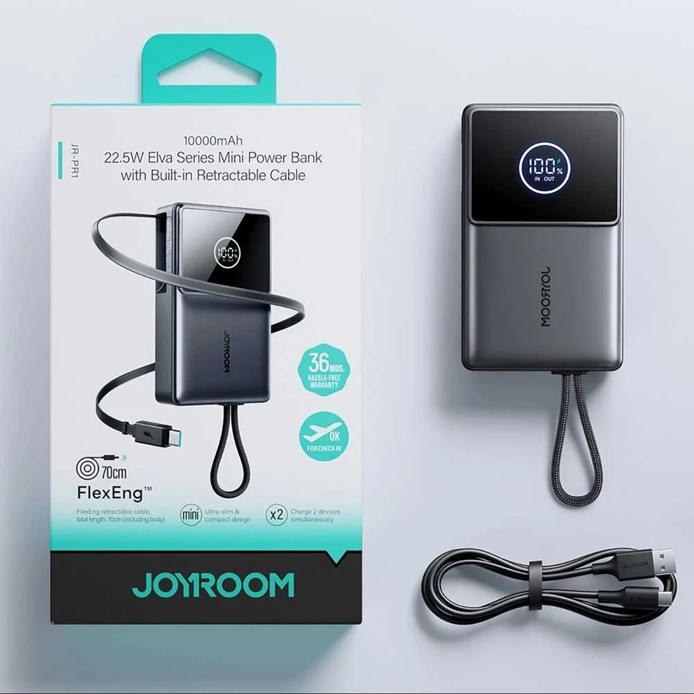 Joyroom JR-PR1 10000mAh 22.5W išorinė baterija su integruotu ištraukiamu USB-C laidu – juodos spalvos