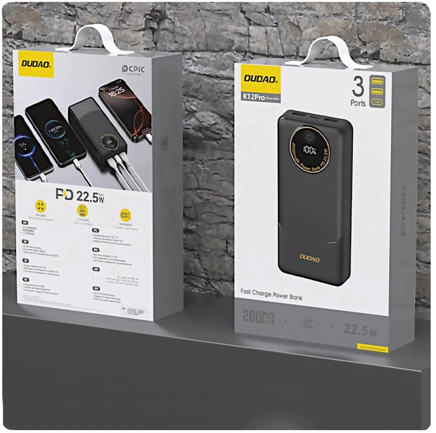 Powerbank Dudao K12Pro 22.5W PD 20000mAh USB-A, USB-C - juodos spalvos
