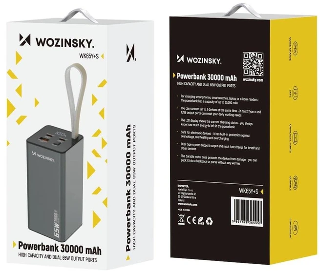 Powerbank Wozinsky K65+ 65W 30000mAh 2x USB-C, 1x USB-A 65W – pilka