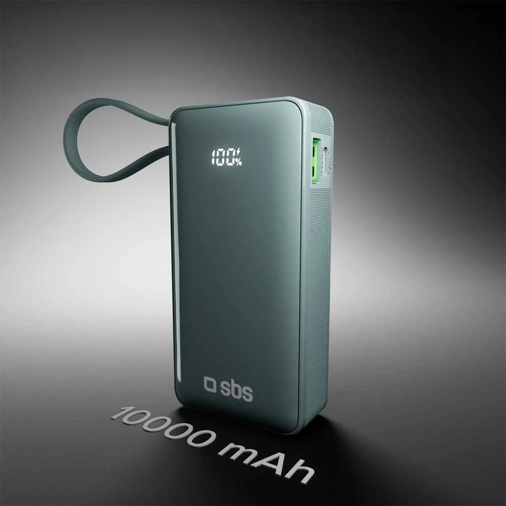 Išorinė baterija SBS 10000 mAh 20W su integruotu USB-C laidu ir skaitmeniniu ekranu - pilka