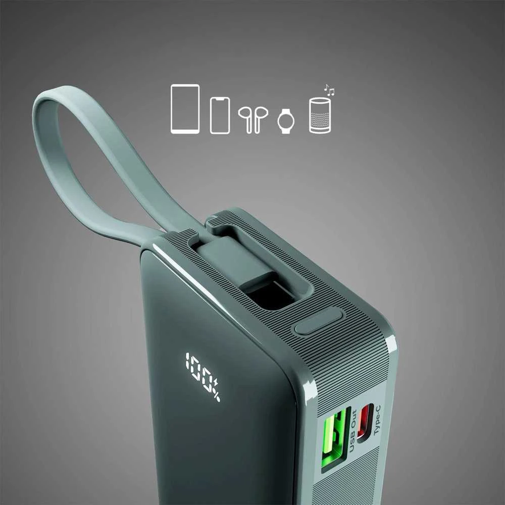 Išorinė baterija SBS 10000 mAh 20W su integruotu USB-C laidu ir skaitmeniniu ekranu - pilka