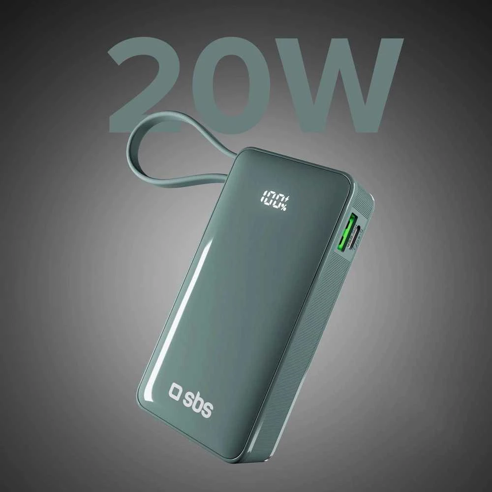 Išorinė baterija SBS 10000 mAh 20W su integruotu USB-C laidu ir skaitmeniniu ekranu - pilka