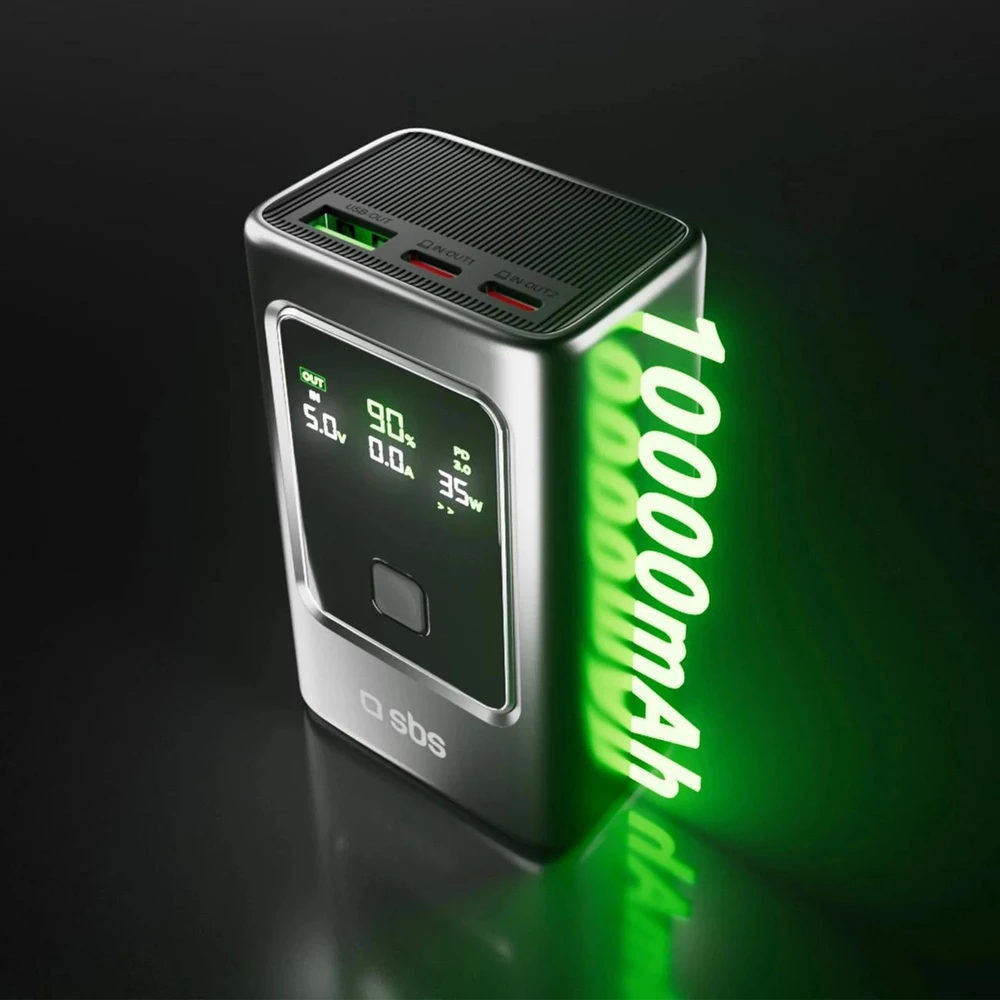 Išorinė baterija SBS 10000mAh PD 35W su LCD ekranu - pilka