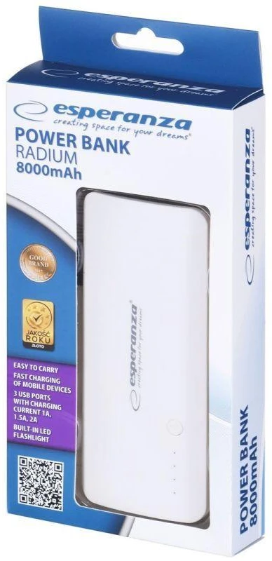 Išorinė baterija (Power Bank) Esperanza Radium EMP106WE (8000mAh; microUSB, USB 2.0; balta)