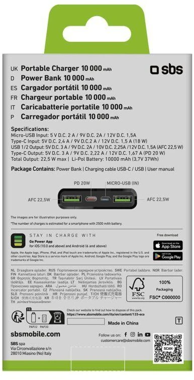 Išorinė baterija SBS TTBB10000FASTPD20K 10000 mAh 20W su maitinimo šaltiniu – juodas