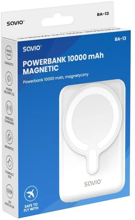 Išorinė baterija SAVIO POWERBANK 10000 MAH MAGNETINĖ BALTA BA-13