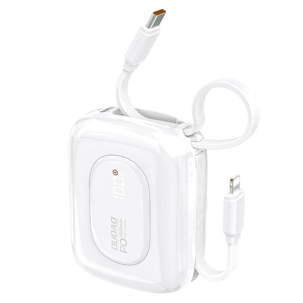 Dudao K32 22,5 W 10000 mAh išorinė baterija su integruotu USB-C / „Lightning“ laidu – baltos spalvos
