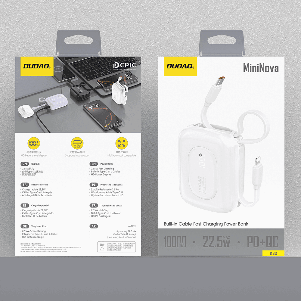 Dudao K32 22,5 W 10000 mAh išorinė baterija su integruotu USB-C / „Lightning“ laidu – baltos spalvos