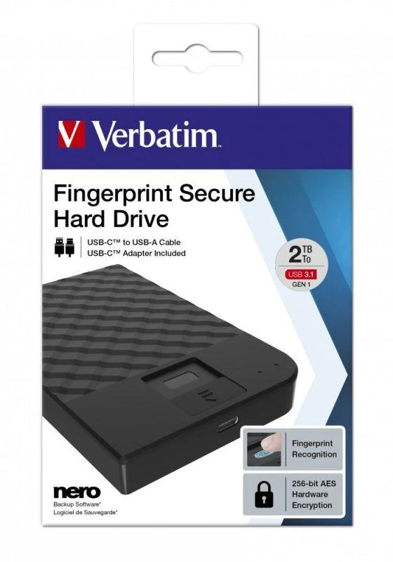 Kietasis diskas Išorinis standusis diskas Verbatim Fingerprint Secure, 2TB, USB Type-C 3.2 Gen 1 (3.1 Gen 1), juodas