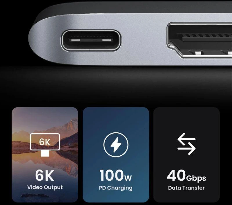 Išplėtimo centras Ugreen CM380 2xUSB C - HDMI/2xUSB 3.0/SD TF/USB C PD - pilkos spalvos