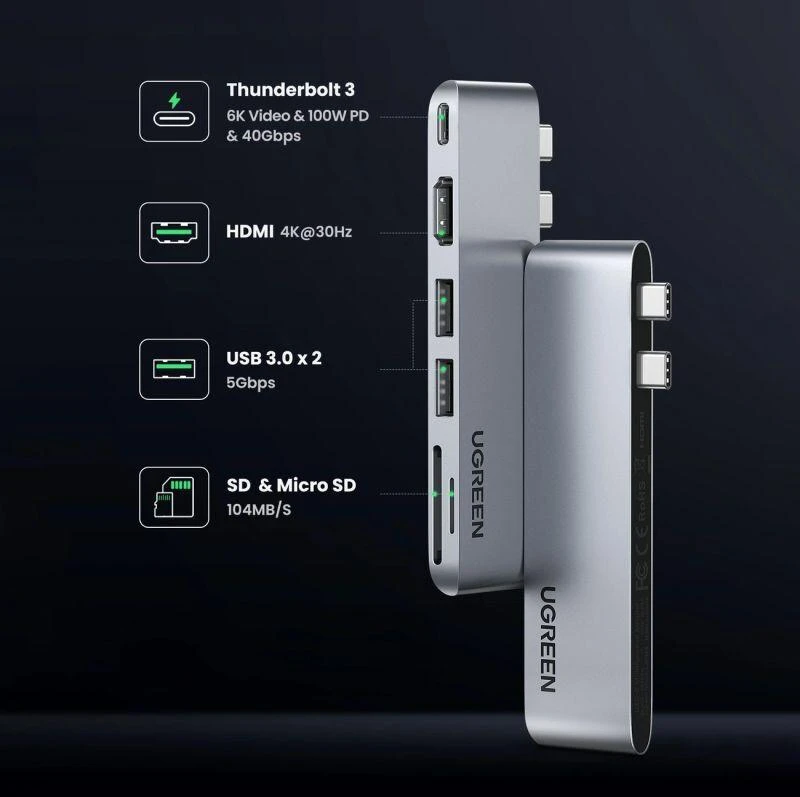 Išplėtimo centras Ugreen CM380 2xUSB C - HDMI/2xUSB 3.0/SD TF/USB C PD - pilkos spalvos