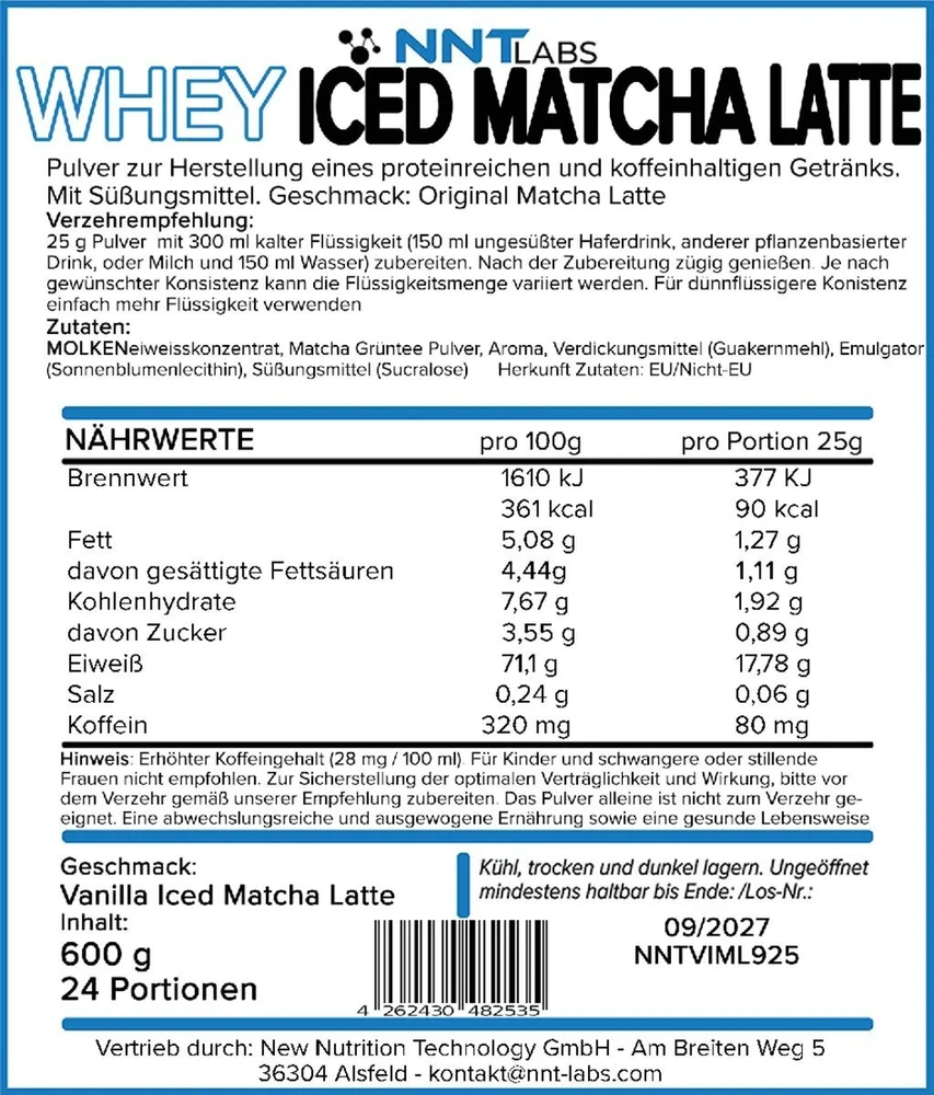 Išrūgų baltymų milteliai NNT Whey Iced Matcha Latte 600 g, vanilinio matcha latte skonio