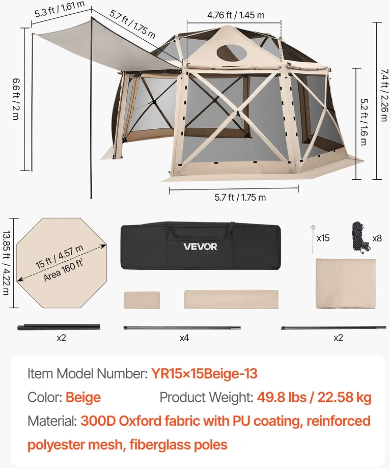 VEVOR Išskleidžiama sferinė pavėsinė 4.57 x 4.57 m