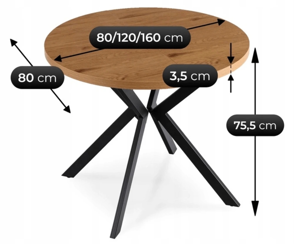 Išskleidžiamas stalas Dilan 80–160 cm, auksinis ąžuolas / juodas