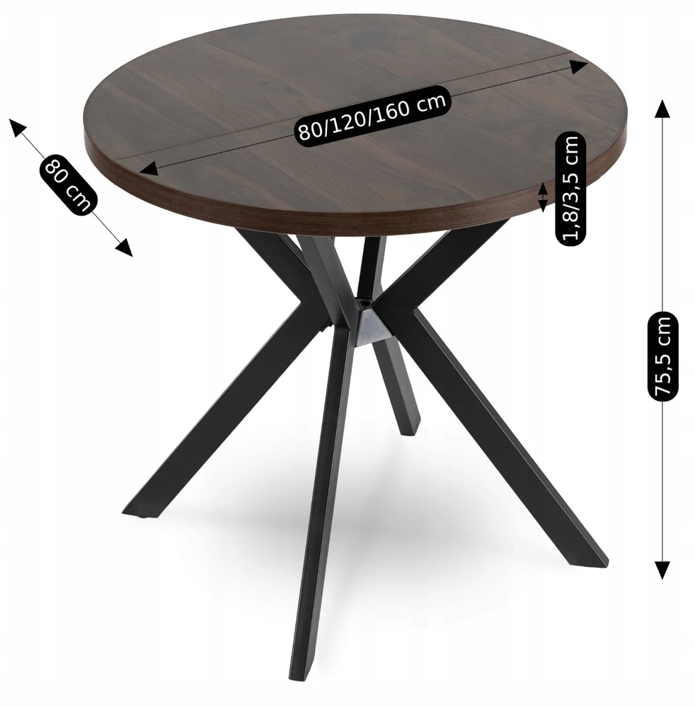Išskleidžiamas stalas DORIAN 80–160 cm, riešutas / juodas