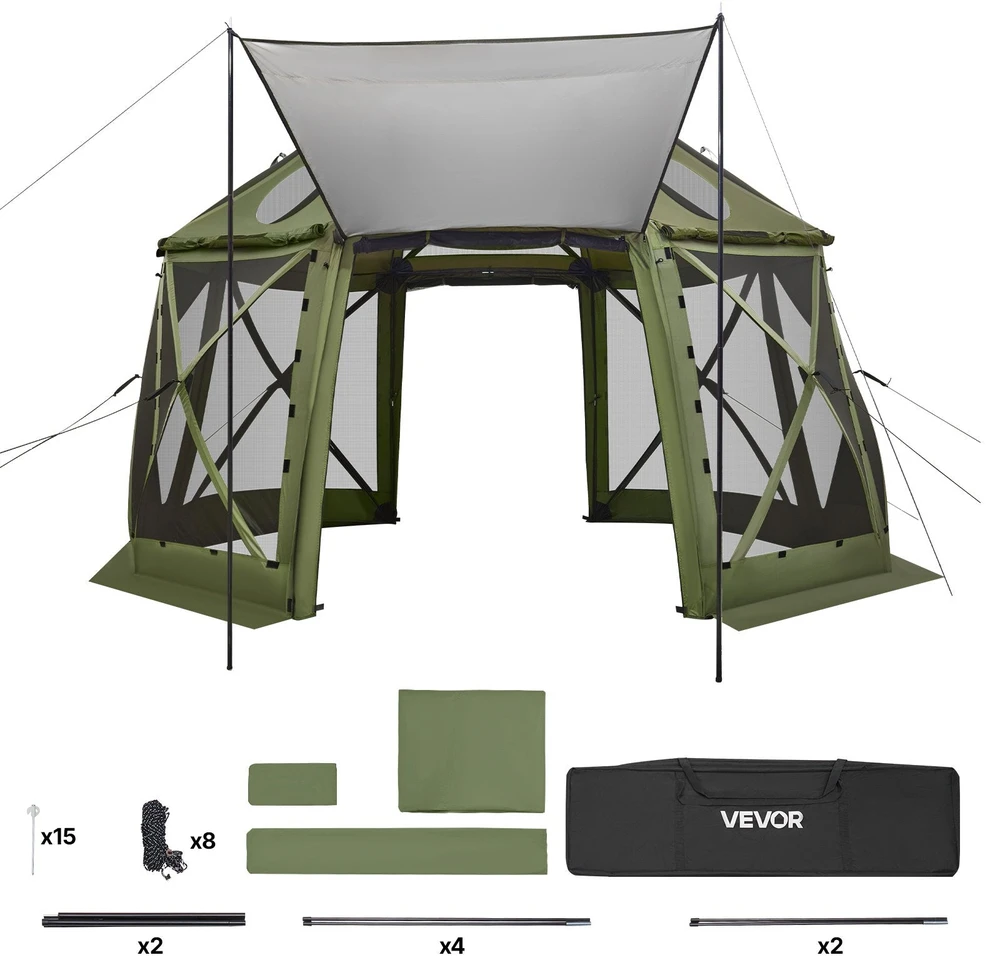 VEVOR Išskleidžiama pavėsinė su tinkleliu, 3.96 x 3.96 m, 13 kampų