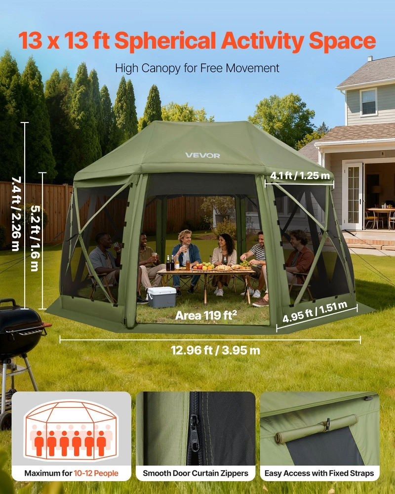 VEVOR Išskleidžiama pavėsinė su tinkleliu, 3.96 x 3.96 m, 13 kampų