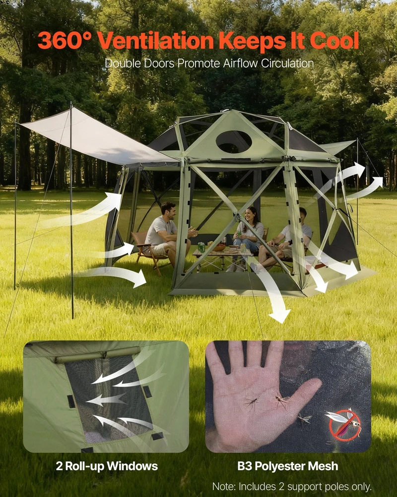 VEVOR Išskleidžiama pavėsinė su tinkleliu, 3.96 x 3.96 m, 13 kampų