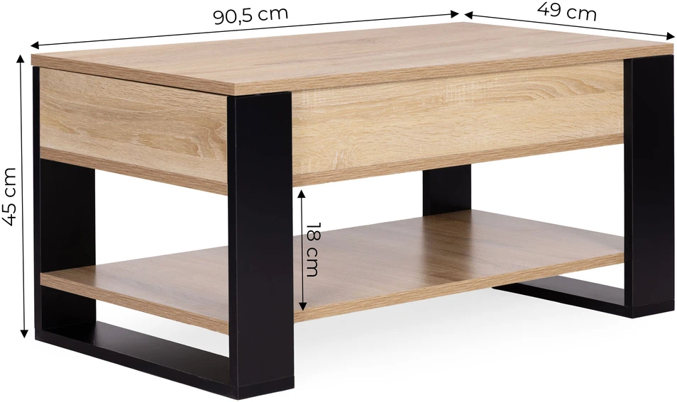 Kavos staliukas su pakeliamu išskleidžiamu stalviršiu 90 cm, daiktadėže, lentyna, Sonoma ąžuolas, ModernHome