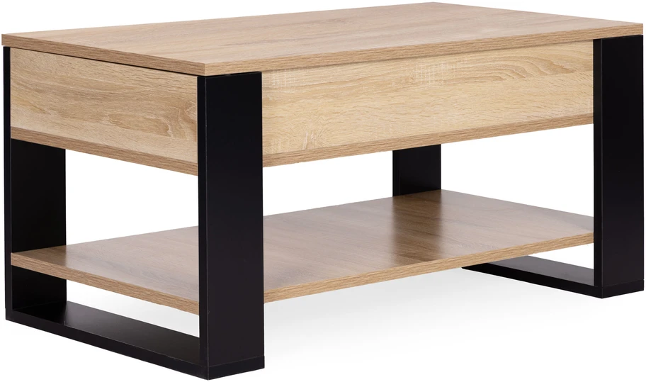 Kavos staliukas su pakeliamu išskleidžiamu stalviršiu 90 cm, daiktadėže, lentyna, Sonoma ąžuolas, ModernHome