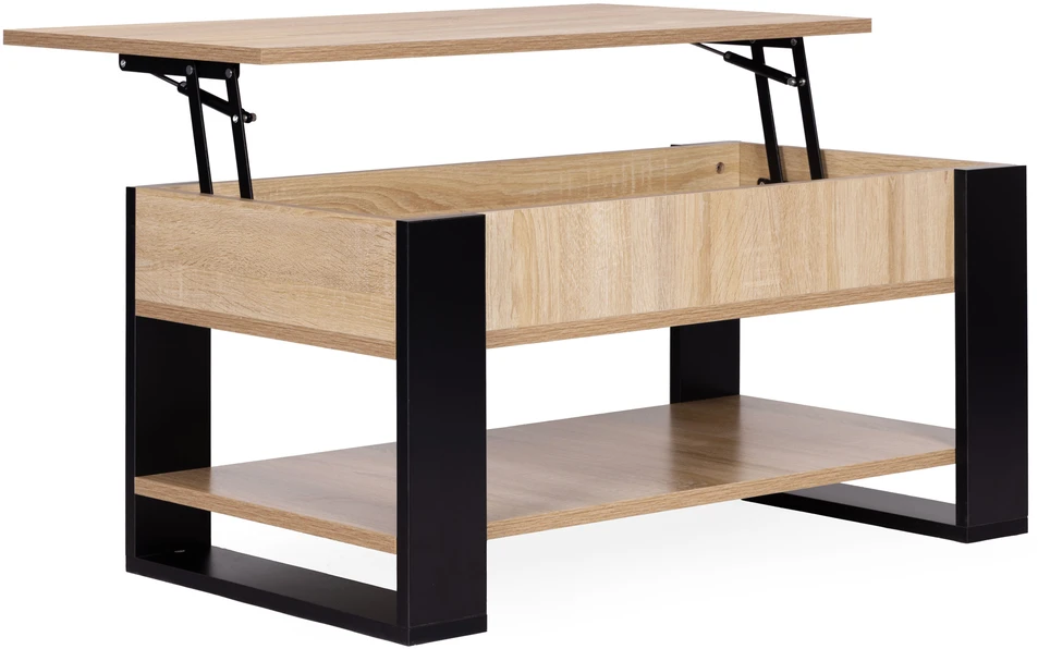 Kavos staliukas su pakeliamu išskleidžiamu stalviršiu 90 cm, daiktadėže, lentyna, Sonoma ąžuolas, ModernHome