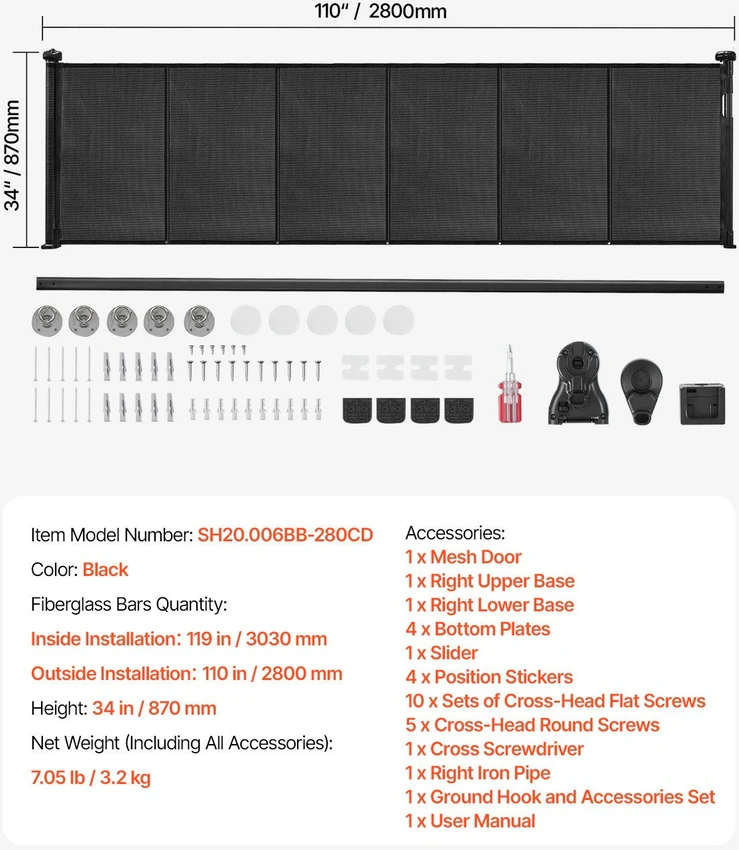 VEVOR Ištraukiama vaikiška užtvara 870 mm x 2800 mm