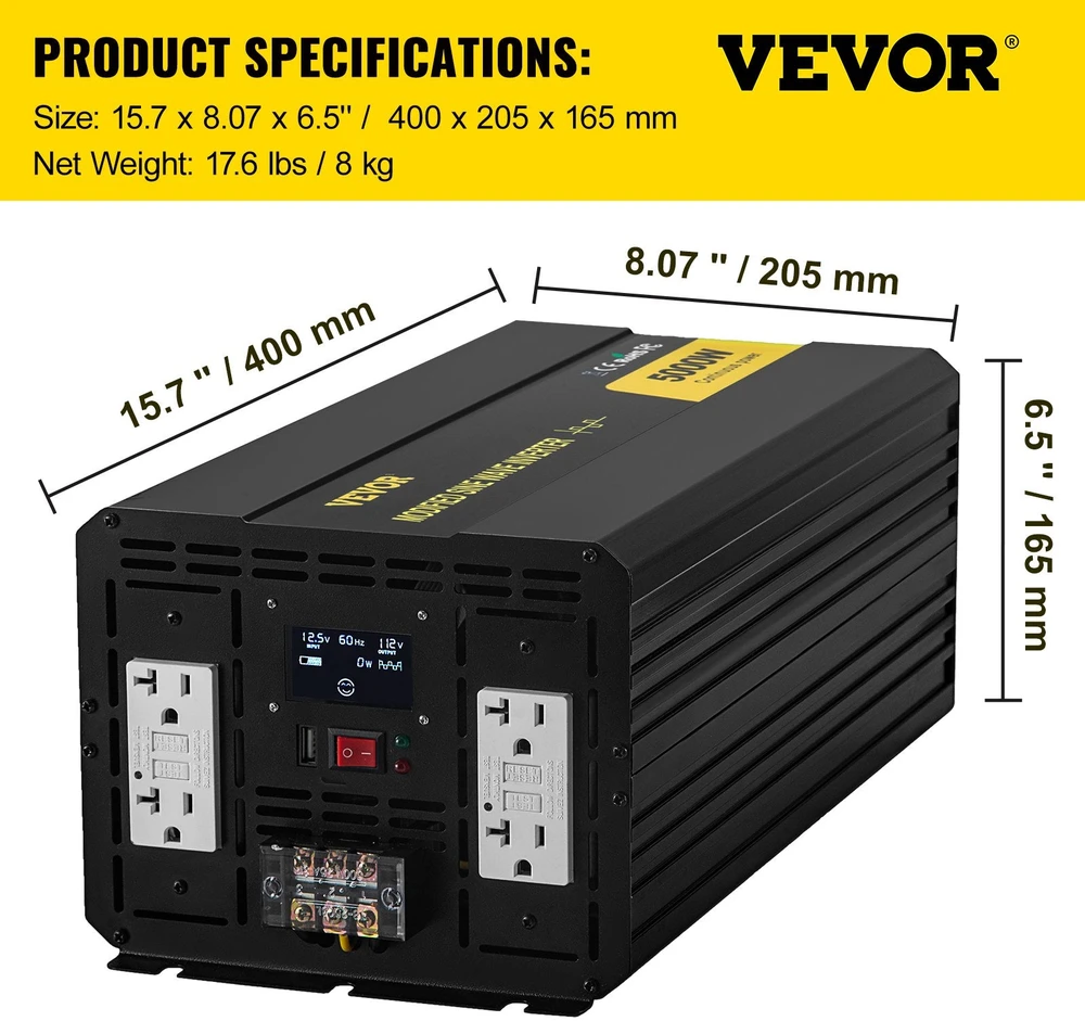 VEVOR Keitiklis 5000W 12V į 110V su LCD ekranu