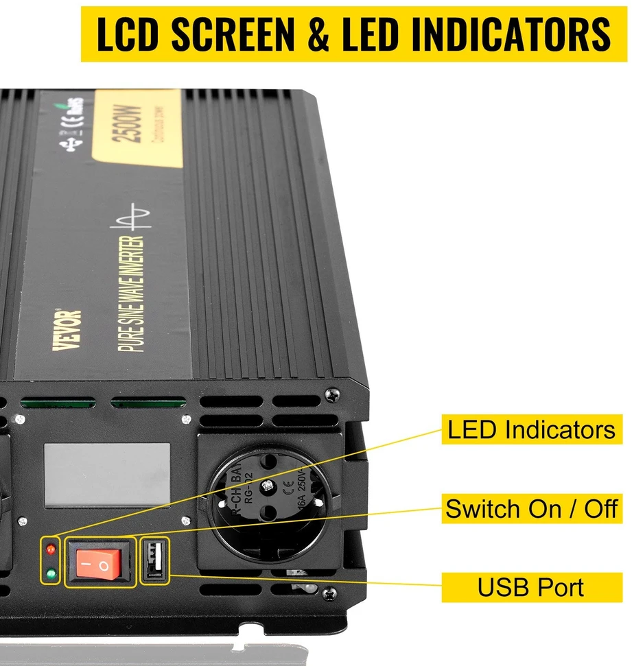 VEVOR Grynos sinusinės bangos keitiklis 2500W, USB