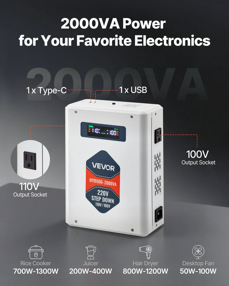 VEVOR Įtampos keitiklis 2000VA, 220V į 110V transformatorius