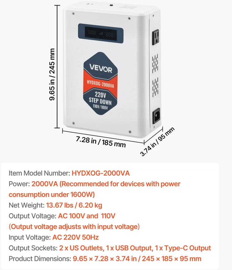 VEVOR Įtampos keitiklis 2000VA, 220V į 110V transformatorius