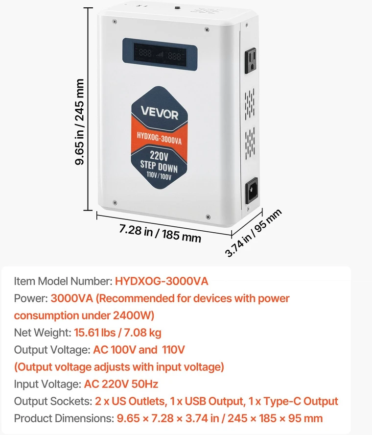 VEVOR Įtampos konverteris 220V į 110V, 3000VA