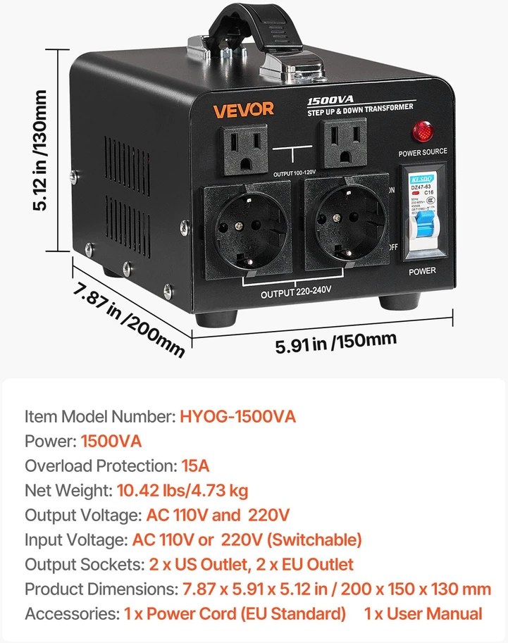 VEVOR Įtampos keitiklis transformatorius 1500VA