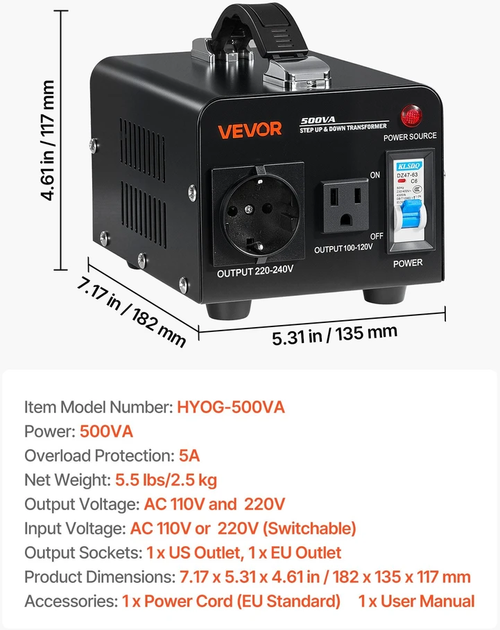 VEVOR Įtampos keitiklis transformatorius 500VA