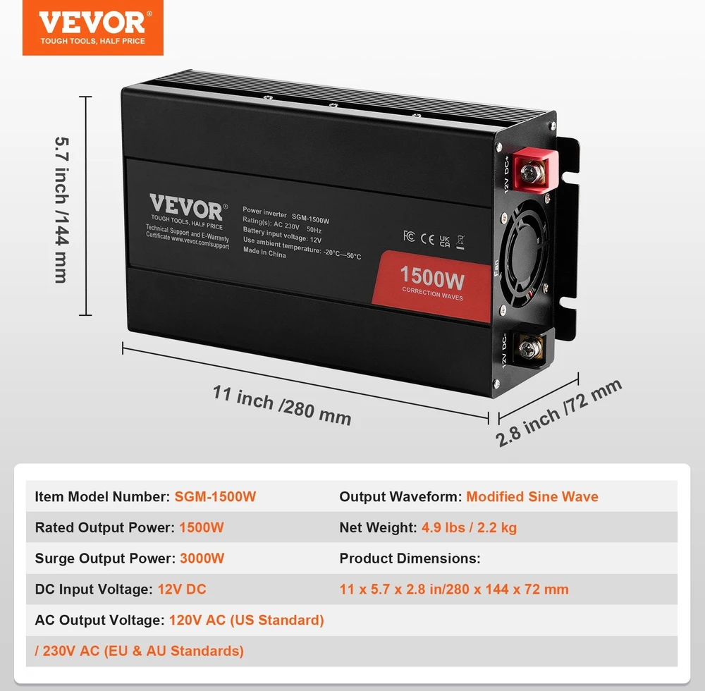 VEVOR Modifikuotas sinusinis keitiklis 1500W 12V į 230V