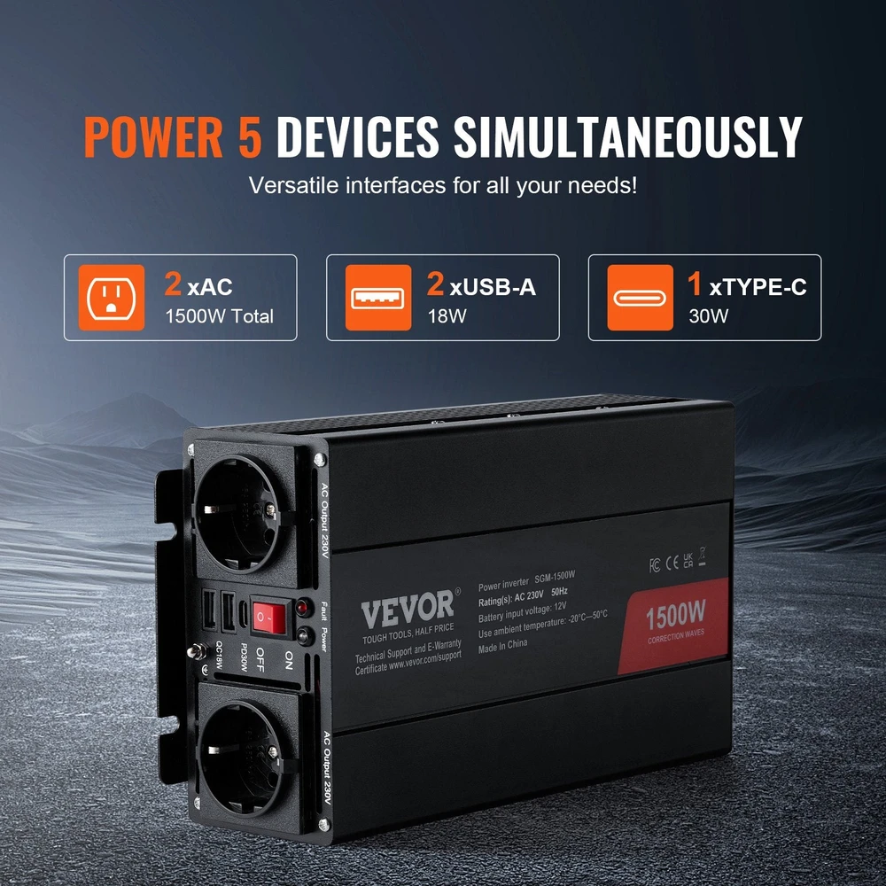 VEVOR Modifikuotas sinusinis keitiklis 1500W 12V į 230V