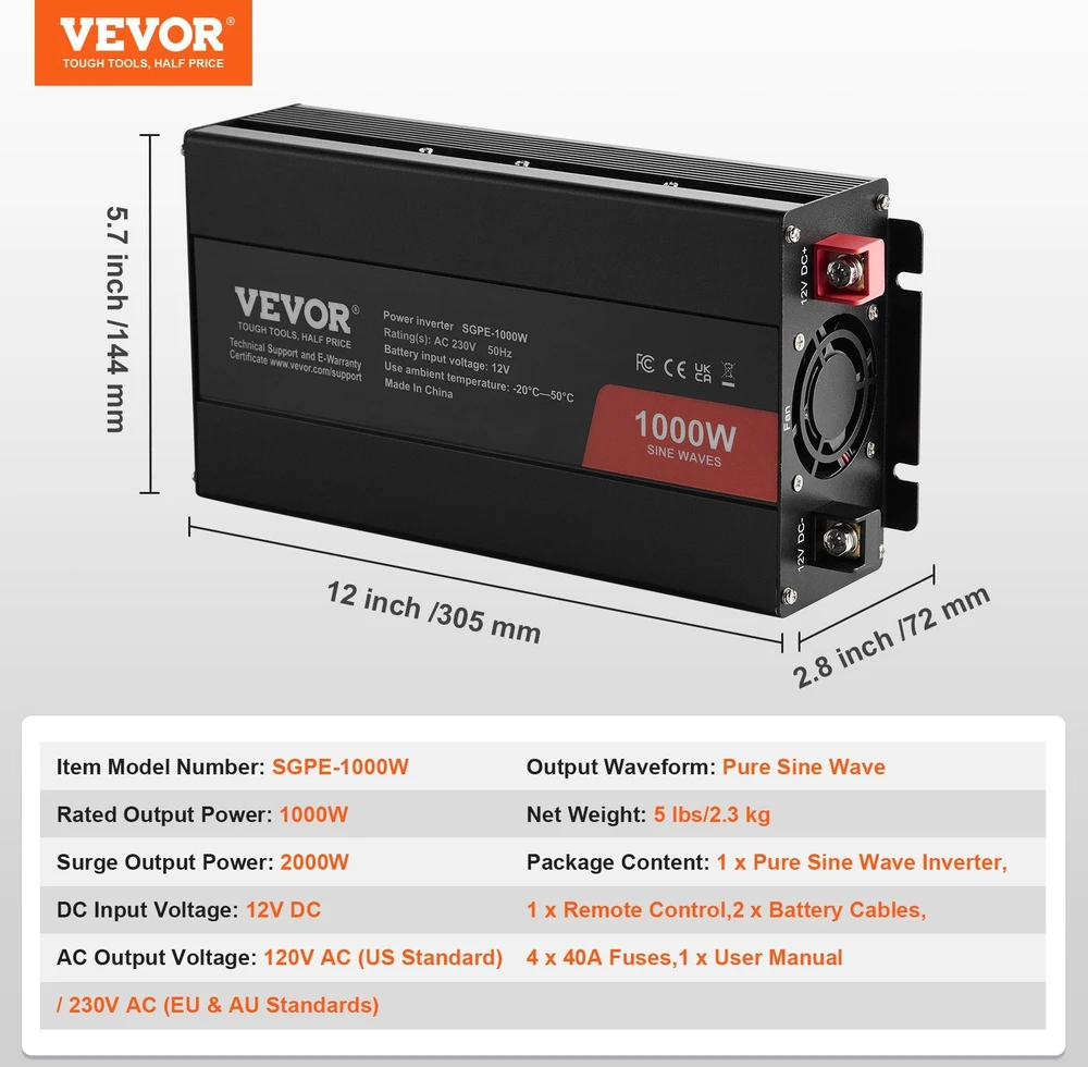 VEVOR 1000W grynasis sinusinės bangos inverteris