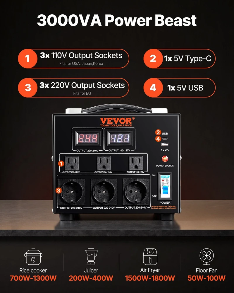VEVOR 3000VA įtampos keitiklis 220V-110V