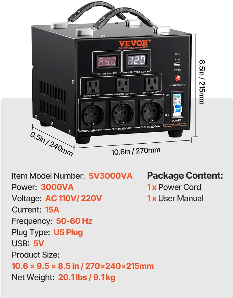 VEVOR 3000VA įtampos keitiklis 220V-110V