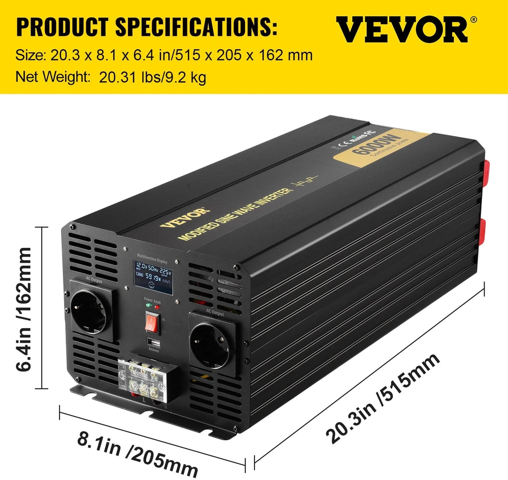 VEVOR Keitiklis 6000W 12V į 230V su LCD ekranu