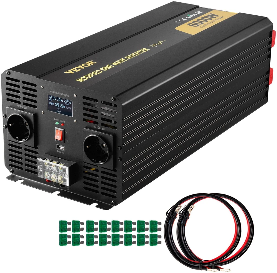 VEVOR Keitiklis 6000W 12V į 230V su LCD ekranu