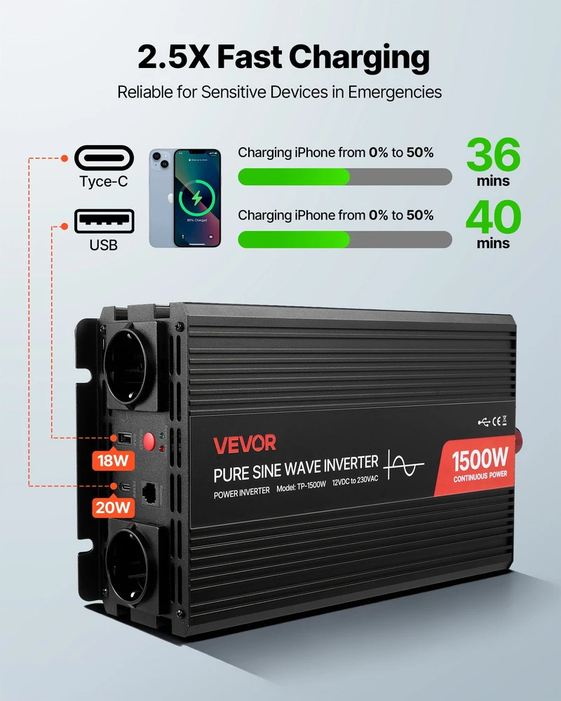 VEVOR 1500W automobilinė maitinimo keitiklis