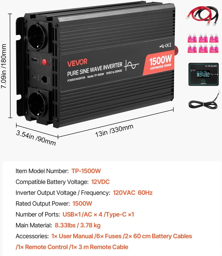 VEVOR 1500W automobilinė maitinimo keitiklis
