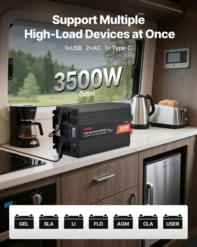 VEVOR 3500W galios keitiklis, 12V DC iki 230V AC