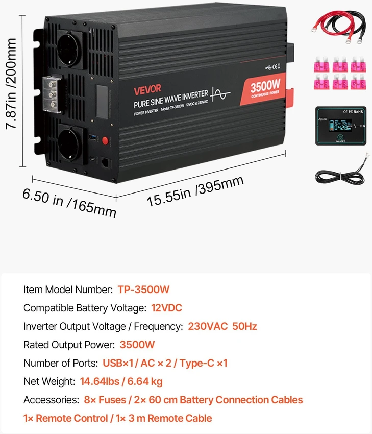 VEVOR 3500W galios keitiklis, 12V DC iki 230V AC