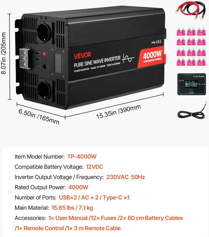 VEVOR 4000W galios keitiklis automobiliams ir RV