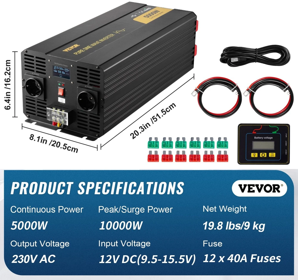 VEVOR Pure sinusoides keitiklis 5000W 12V į 230V LCD