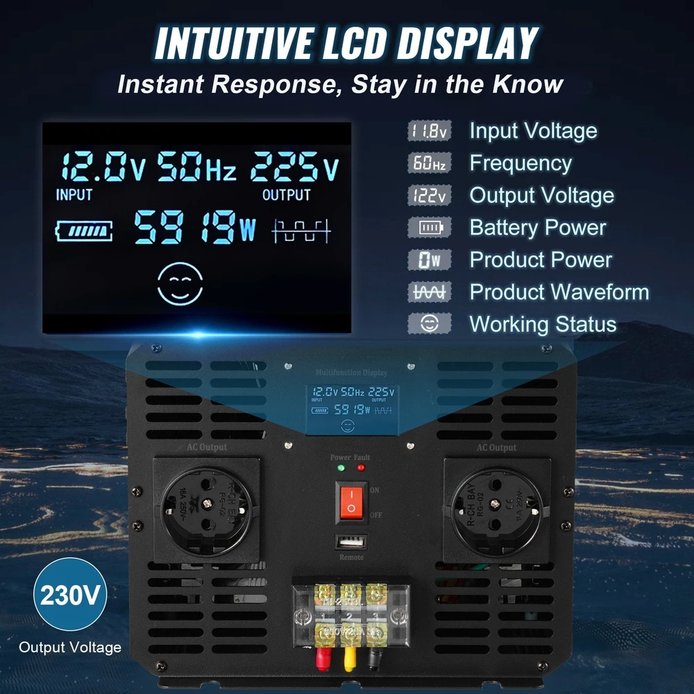 VEVOR Pure sinusoides keitiklis 5000W 12V į 230V LCD