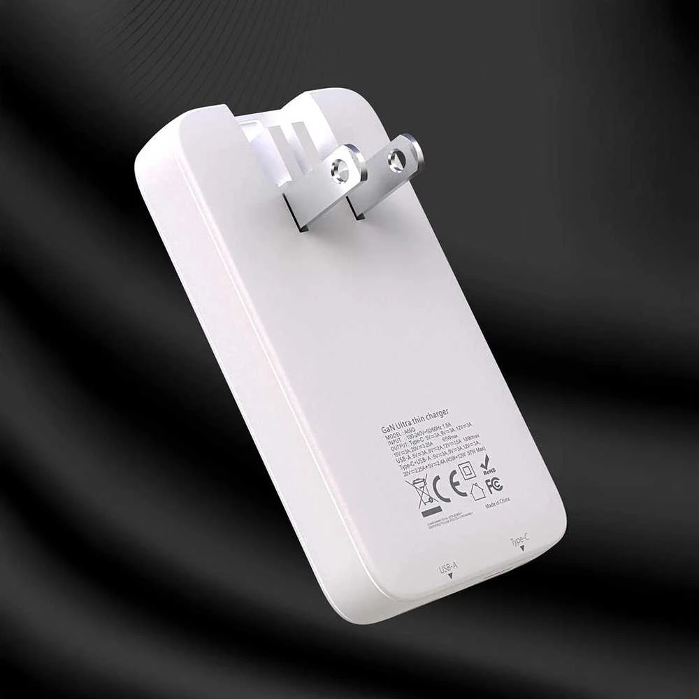 GaN Dudao A65Q 65W USB-A / USB-C PD Ultra-Thin Travel laidinis įkroviklis EU / US – baltos spalvos