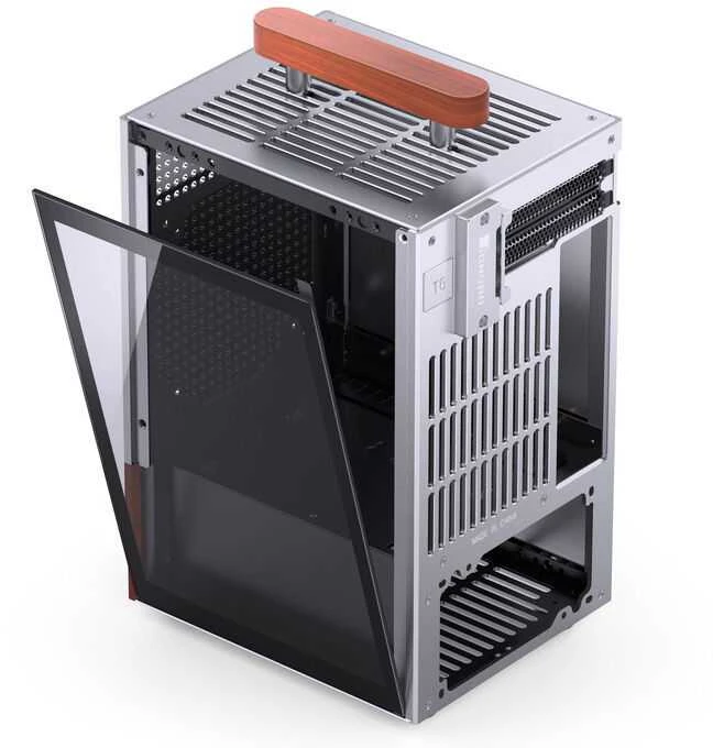 Jonsbo T6 kompiuterio korpusas, Mini-Tower, Mini-ITX, grūdintas stiklas, mediena – Sidabrinis