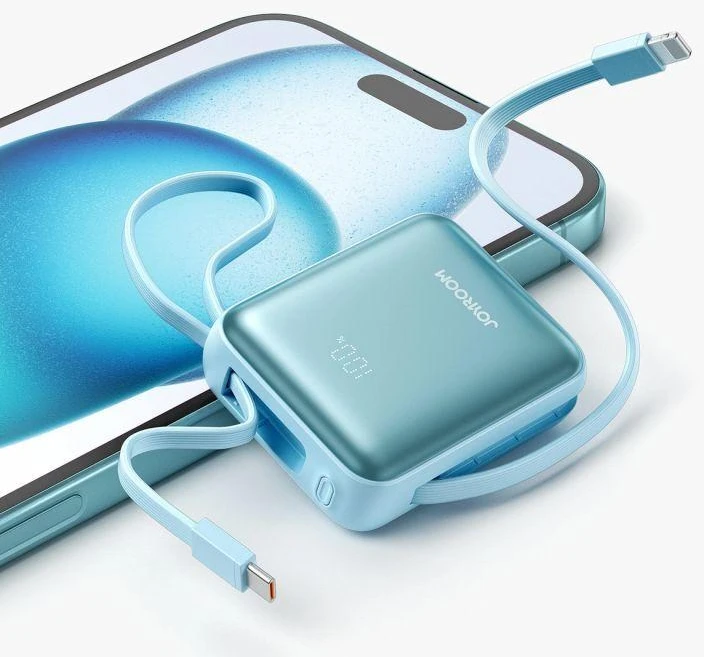 Joyroom JR-PBF27 22.5W 10000mAh Powerbank su dviem integruotais kabeliais – mėlynos spalvos